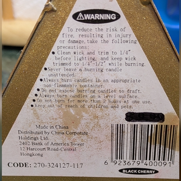 Black Cherry Candle With Gold Holder. Triangle Shape. Weight 2.13 Lb. - Picture 5 of 6